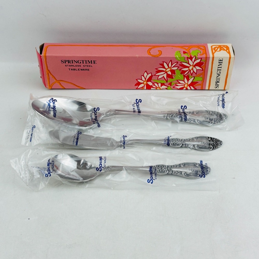 Vintage Springtime 3 Piece Set Pierced Serving Spoon Butter Knife Sugar Shell